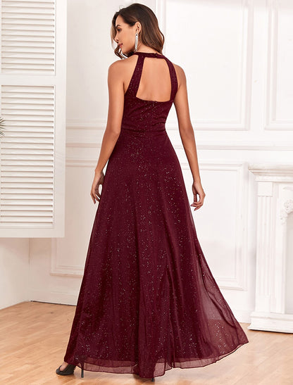 Wholesa A-Line Evening Gown Empire Dress Evening Party Dress Wedding Reception Floor Length Sleeveless Halter Neck Polyester Backless V Back with Glitter