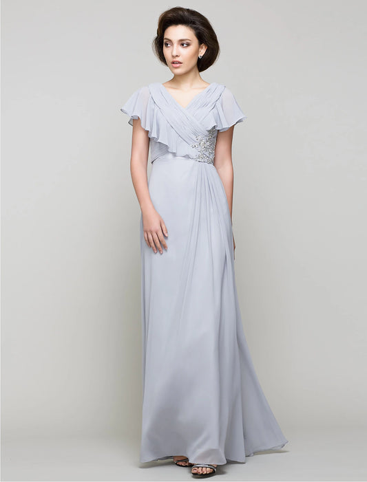 wholesale  A-Line Mother of the Bride Dress Elegant V Neck Floor Length Chiffon Sleeveless No with Criss Cross Crystals