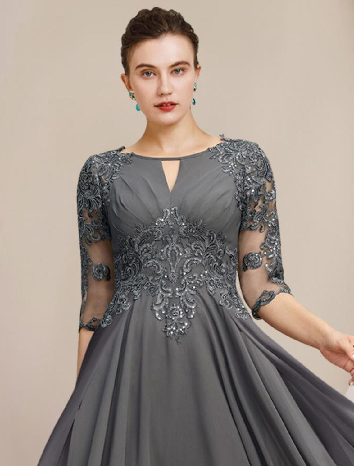 Wholesa A-Line Mother of the Bride Dress Formal Wedding Guest Elegant High Low Scoop Neck Tea Length Chiffon Lace Half Sleeve with Sequin Appliques