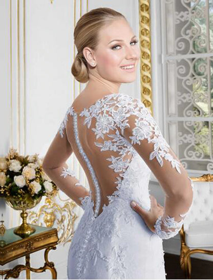 Wholesale Open Back Sexy Formal Fall Wedding Dresses Mermaid / Trumpet Illusion Neck Long Sleeve Chapel Train Lace Bridal Gowns With Lace Appliques 2023 Summer Wedding Party