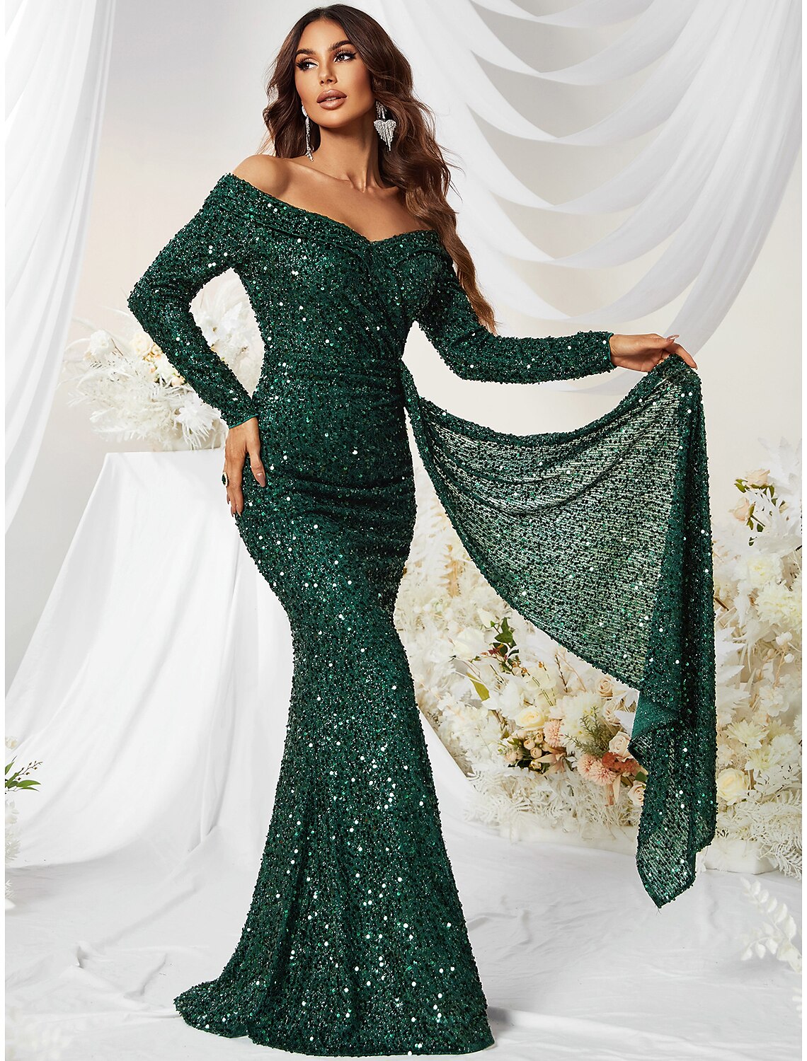 Wholesa Mermaid / Trumpet Evening Gown Sparkle & Shine Dress Formal Wedding Guest Sweep / Brush Train Long Sleeve Off Shoulder Polyester with Sequin