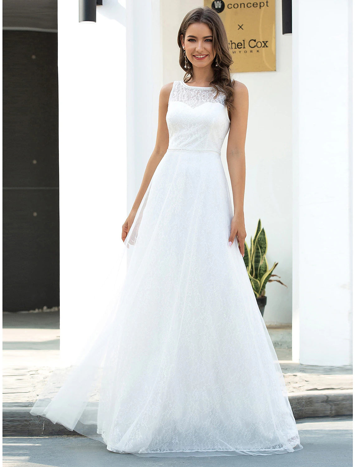 Wholesale Beach Wedding Dresses A-Line Scoop Neck Sleeveless Floor Length Lace Bridal Gowns With Lace 2023 Summer Wedding Party