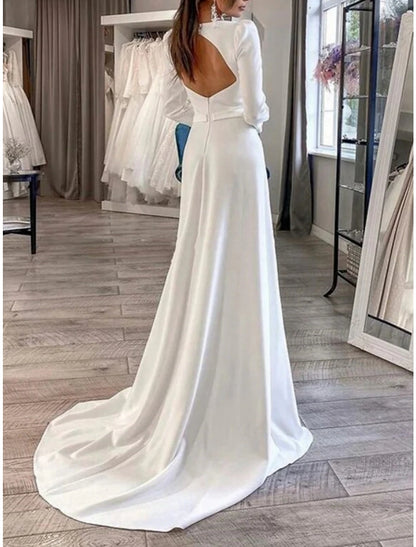 Wholesa Formal Wedding Dresses Sheath / Column Sweetheart Long Sleeve Court Train Satin Bridal Gowns With Pleats Split Front