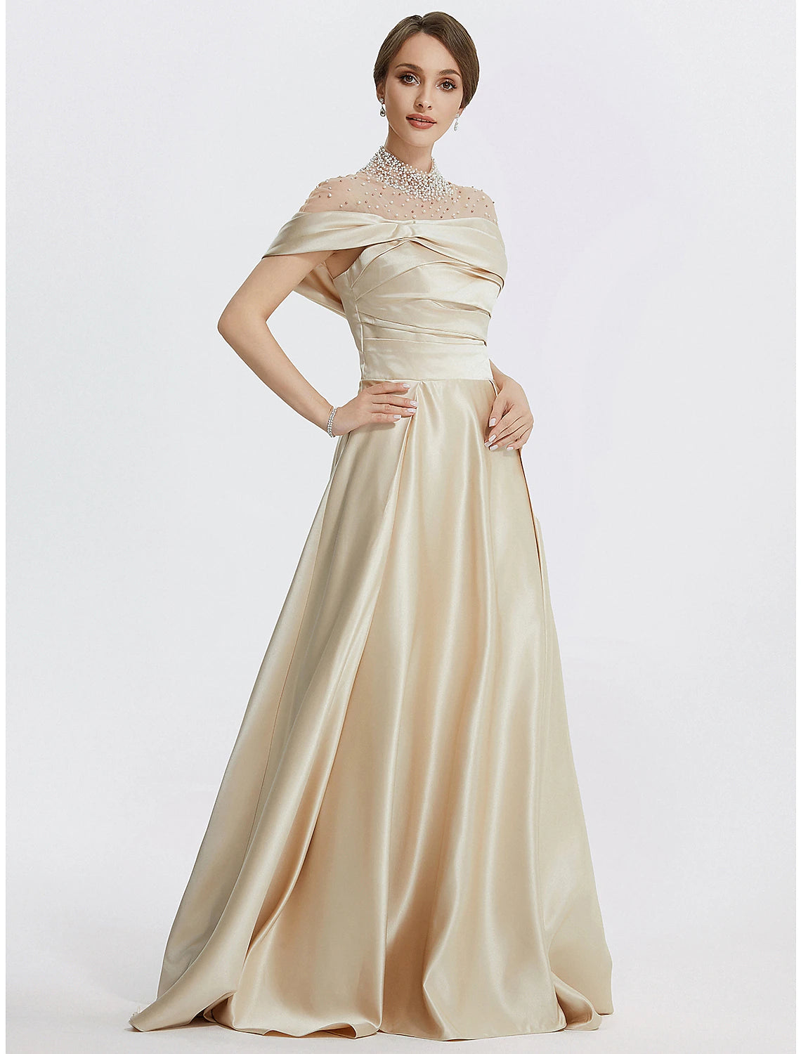 Wholesa A-Line Evening Gown Elegant Dress Formal Prom Floor Length Sleeveless High Neck Italy Satin with Ruched Pearls