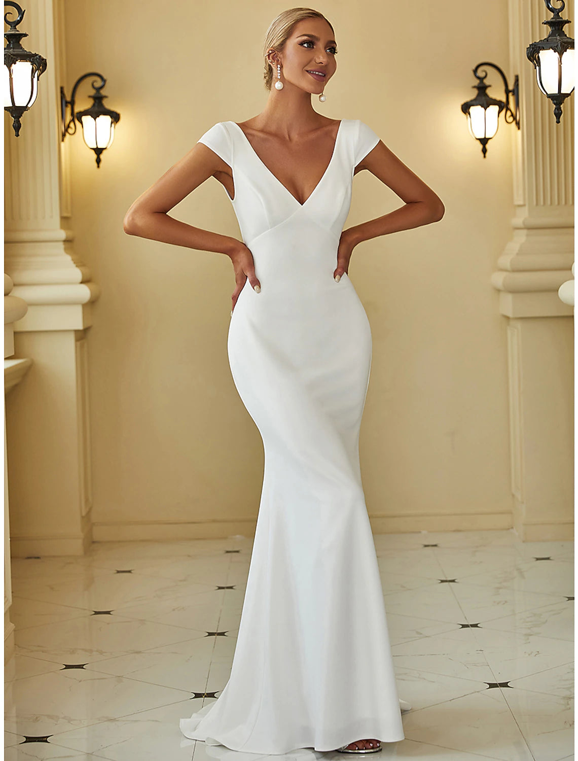 Wholesale Reception Casual Wedding Dresses Mermaid / Trumpet V Neck Cap Sleeve Sweep / Brush Train Stretch Fabric Bridal Gowns With Draping Solid Color 2023 Summer Wedding Party