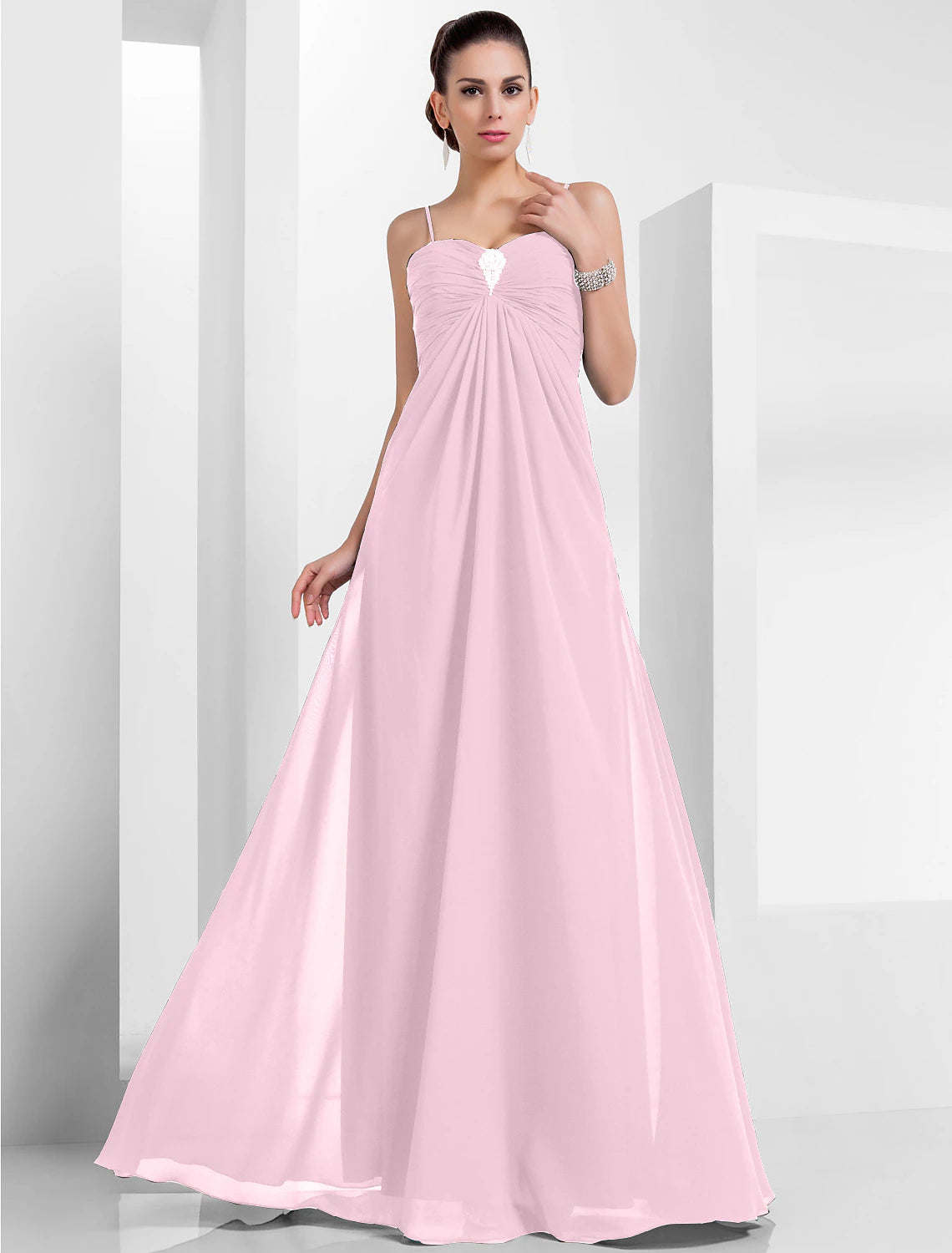 Wholesa A-Line Empire Holiday Formal Evening Dress Spaghetti Strap Sleeveless Floor Length Chiffon with Crystals