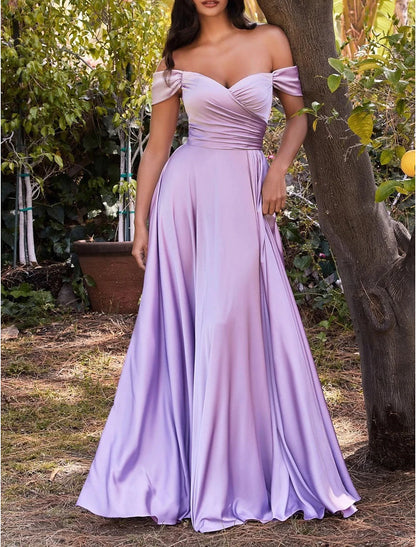 Wholesa A-Line Bridesmaid Dress Off Shoulder Sleeveless Pink Floor Length Chiffon with Split Front / Ruching