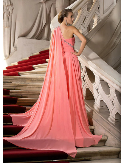 Wholesa A-Line Elegant Dress Wedding Guest Engagement Court Train Sleeveless One Shoulder Chiffon with Crystals Draping