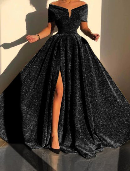 Wholesa A-Line Evening Gown Sparkle & Shine Dress Formal Fall Court Train Sleeveless Off Shoulder Sequined with Sequin Slit