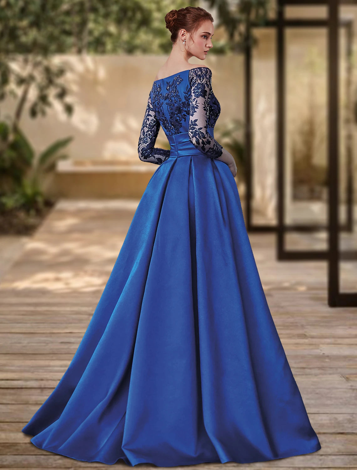 Wholesa  Sheath / Column Evening Gown High Split Dress Formal Wedding Guest Sweep / Brush Train 3/4 Length Sleeve Off Shoulder Charmeuse with Bow(s) Sequin Slit