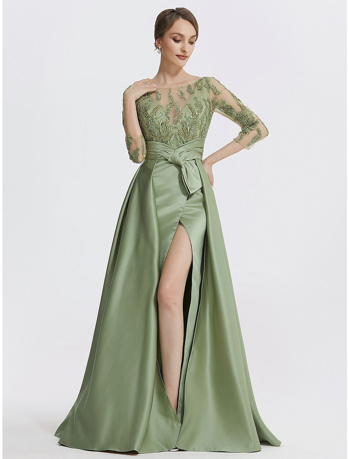 Wholesa  A-Line Evening Gown Elegant Dress Formal Floor Length 3/4 Length Sleeve Jewel Neck Satin with Slit Embroidery Appliques