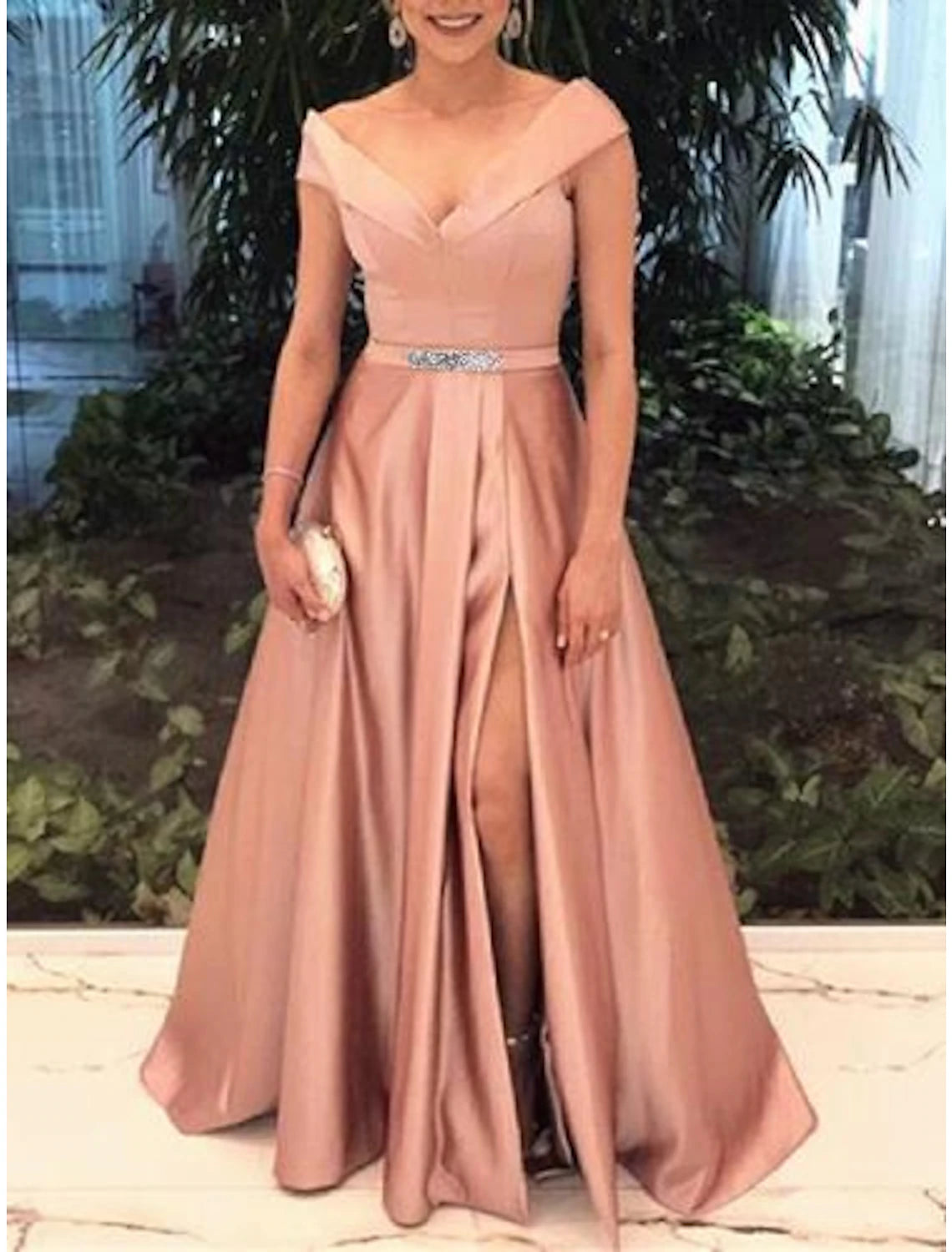 wholesale A-Line Elegant Prom Formal Evening Valentine's Day Dress Off Shoulder Short Sleeve Sweep / Brush Train Satin with Split Front