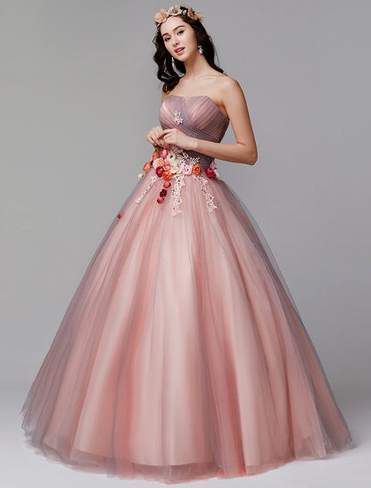 Wholesa Ball Gown Floral Formal Evening Dress Strapless Sleeveless Floor Length Tulle with Pleats Flower