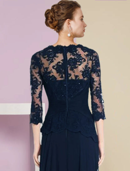 Wholesa A-Line Mother of the Bride Dress Formal Wedding Guest Elegant Scoop Neck Floor Length Chiffon Lace Half Sleeve with Pleats Appliques Crystal Brooch