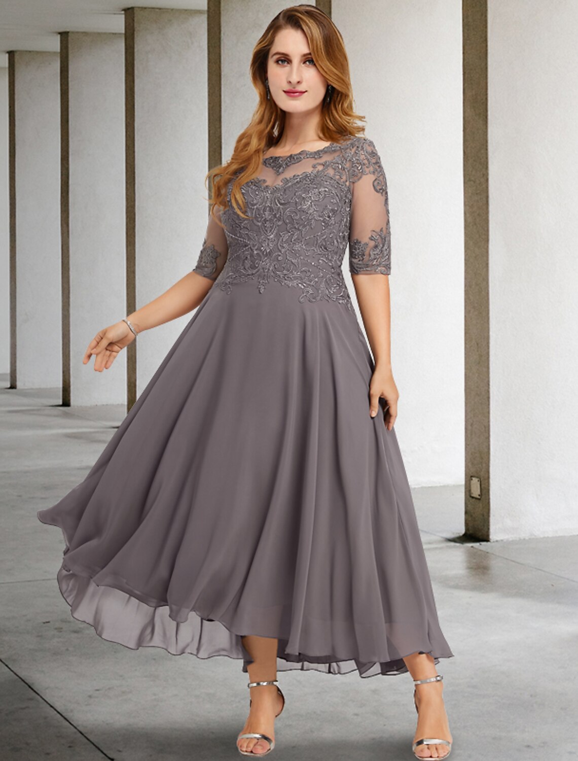 Wholesa A-Line Mother of the Bride Dresses Plus Size Hide Belly Curve Elegant Dress Formal Asymmetrical Half Sleeve Jewel Neck Chiffon with Beading Appliques