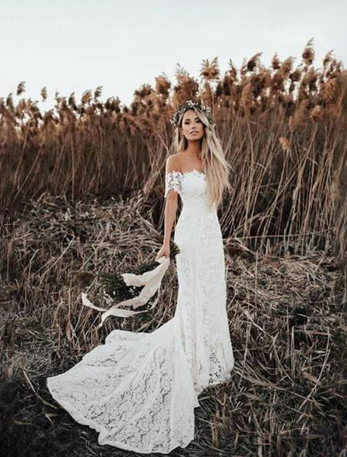 Wholesale Beach Boho Wedding Dresses Mermaid / Trumpet Off Shoulder Cap Sleeve Chapel Train Lace Bridal Gowns With Appliques Solid Color 2023 Summer Wedding Party