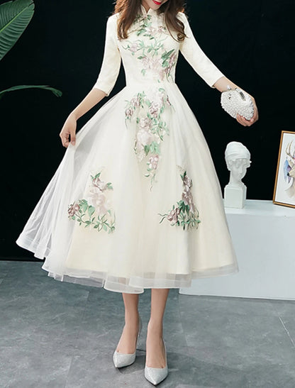 Wholesa A-Line Cocktail Dresses Elegant Dress Wedding Guest Party Wear Tea Length Half Sleeve Stand Collar Tulle with Appliques