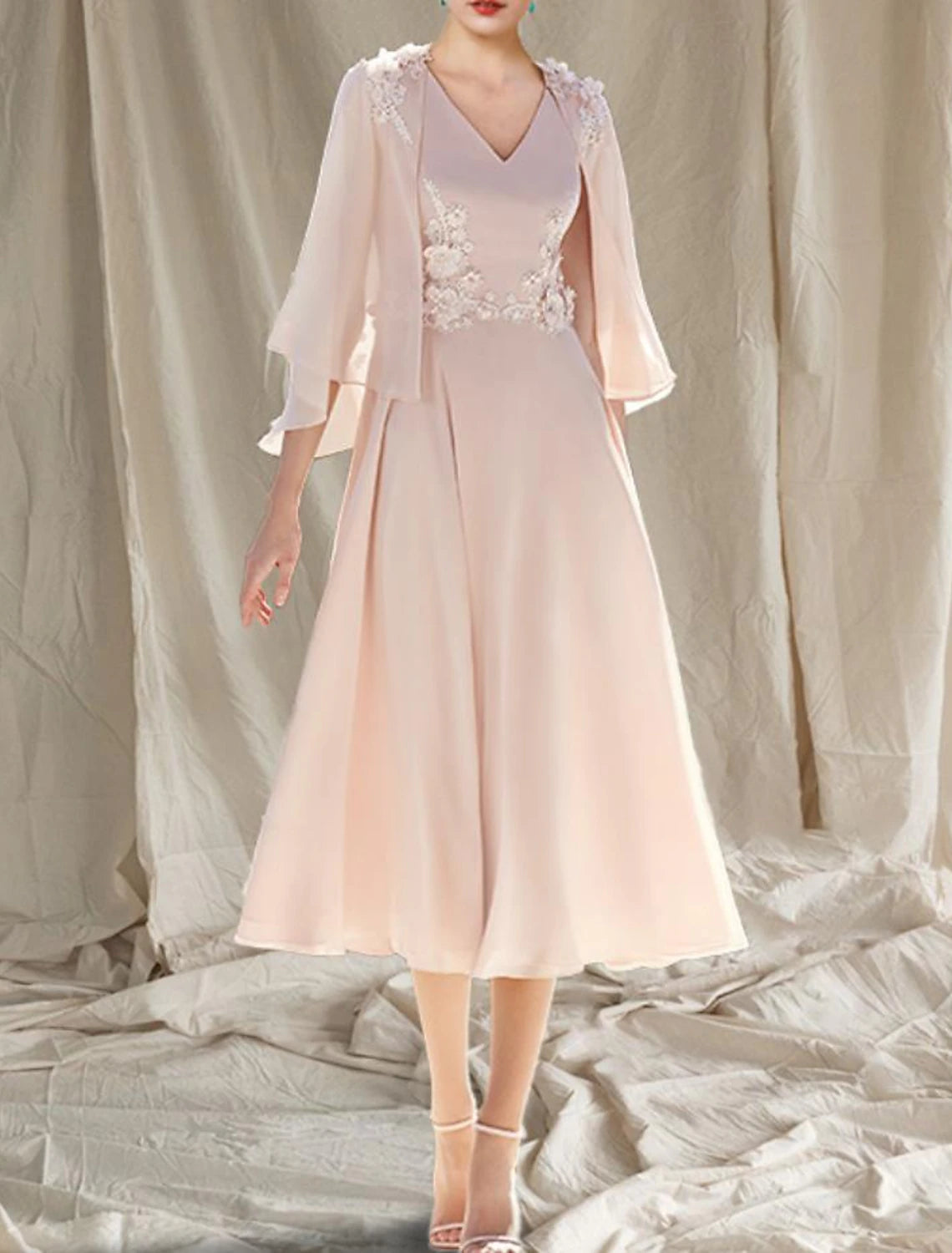 Wholesa  Two Piece A-Line Mother of the Bride Dress Wedding Guest Church Elegant V Neck Tea Length Chiffon Sleeveless Wrap Included with Appliques