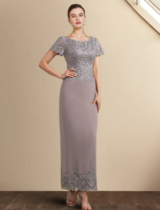 wholesale  Sheath / Column Mother of the Bride Dress Elegant Jewel Neck Ankle Length Chiffon Lace Short Sleeve with Appliques