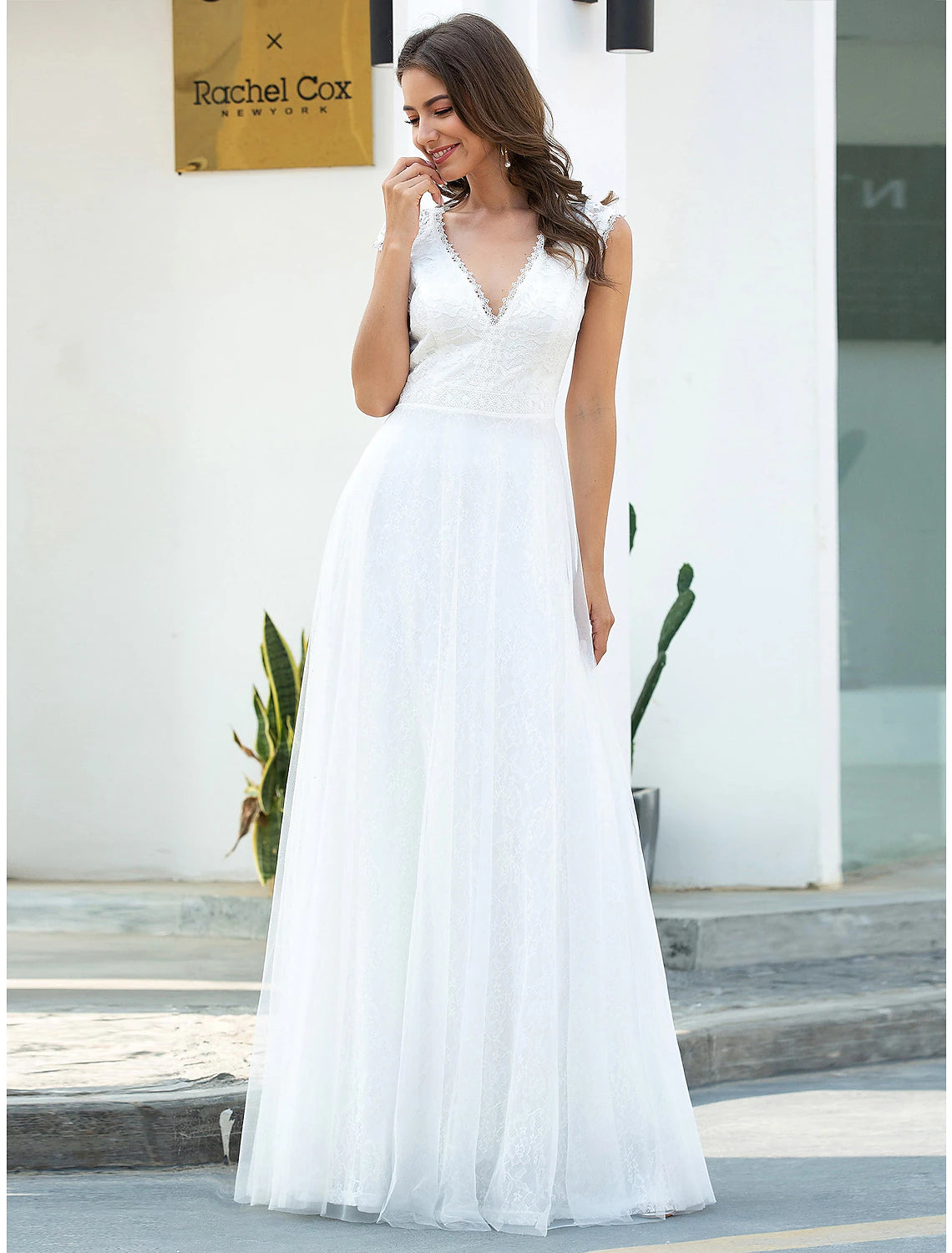 Wholesale Beach Wedding Dresses A-Line V Neck Cap Sleeve Floor Length Lace Bridal Gowns With Lace Summer Wedding Party