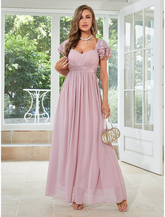 wholesale   A-Line Wedding Guest Dresses Elegant Dress Party Wear Floor Length Short Sleeve Square Neck Chiffon with Ruffles