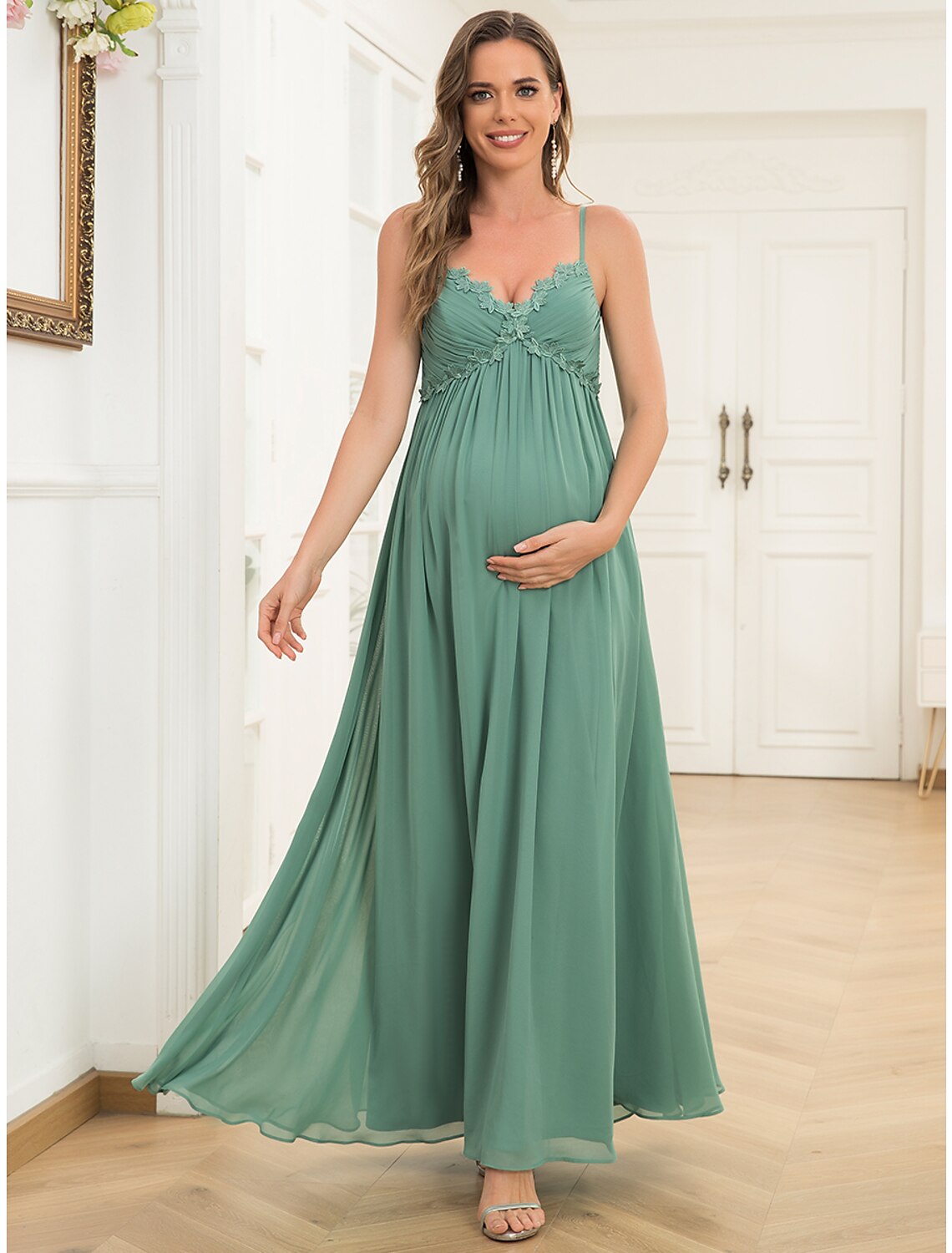 Wholesale A-Line Evening Gown Maternity Dress Wedding Guest Floor Length Sleeveless V Neck Chiffon V Back with Draping