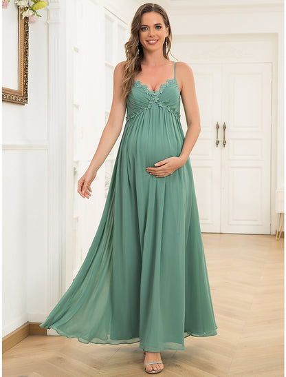 Wholesale A-Line Evening Gown Maternity Dress Wedding Guest Floor Length Sleeveless V Neck Chiffon V Back with Draping