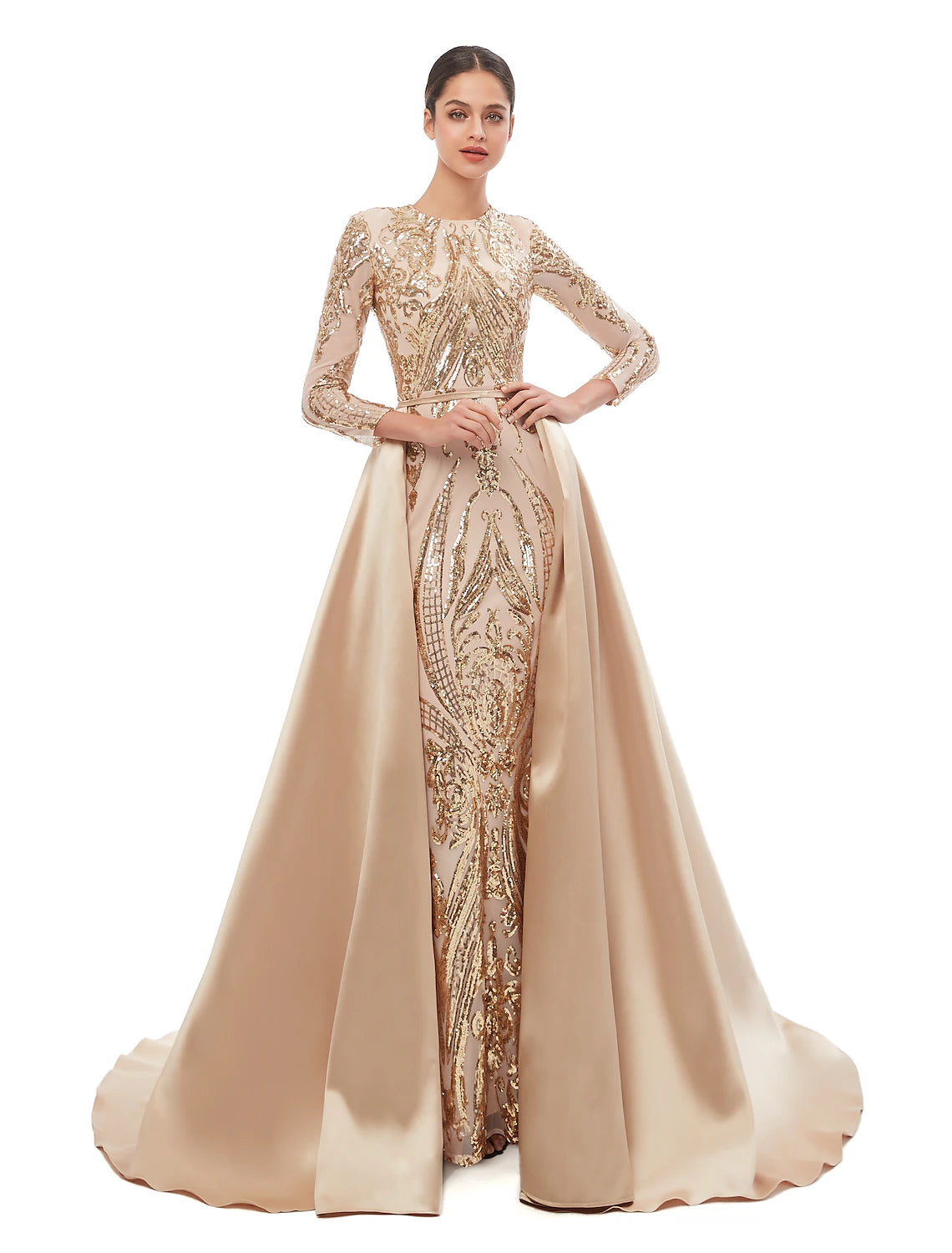 wholesale  Mermaid / Trumpet Elegant Vintage Prom Formal Evening Dress Jewel Neck Long Sleeve Detachable Sequined with Sequin