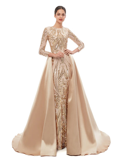 Wholesa Mermaid / Trumpet Elegant Vintage Prom Formal Evening Dress Jewel Neck Long Sleeve Detachable Sequined with Sequin