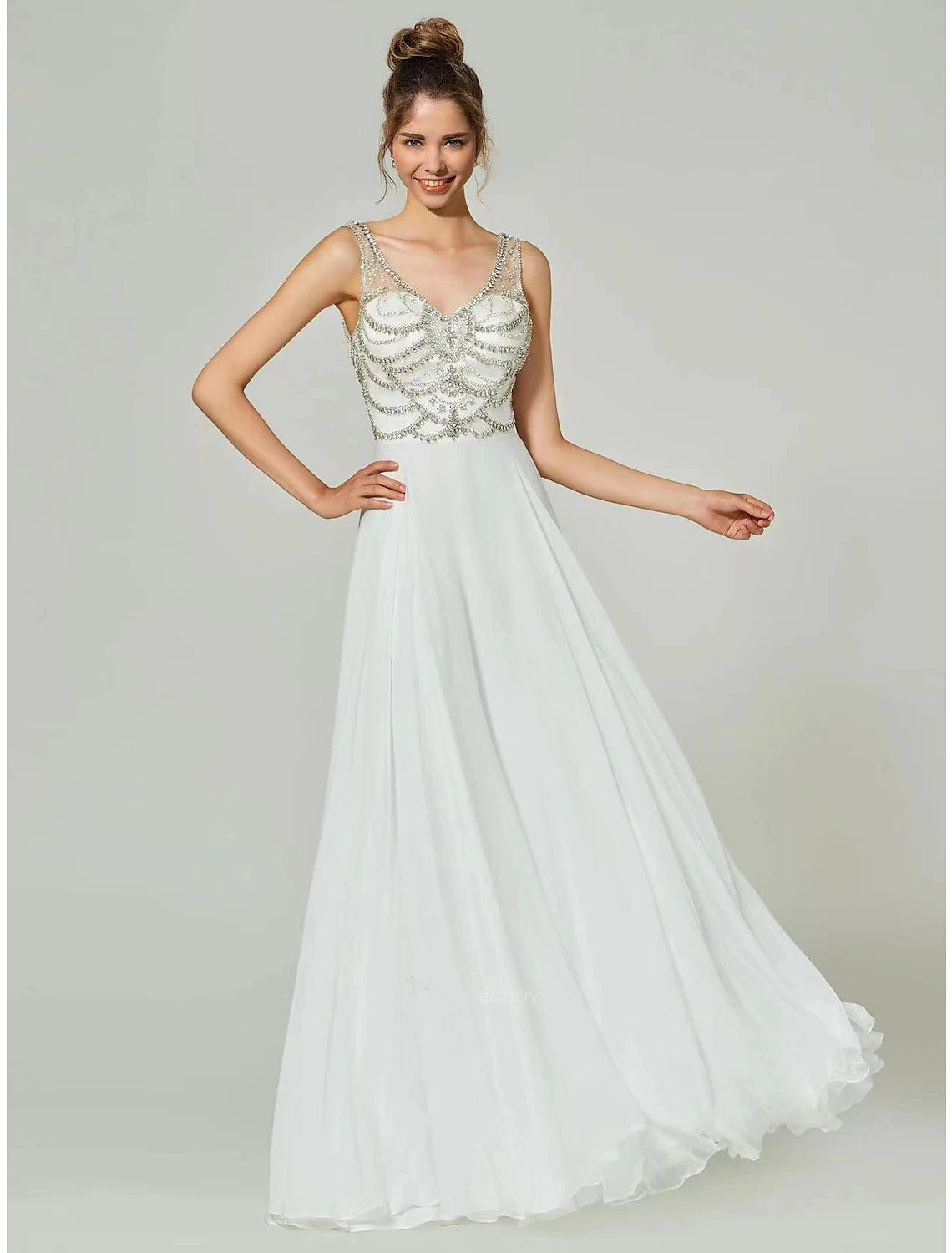 wholesale  A-Line Evening Gown Open Back Dress Formal Floor Length Sleeveless V Neck Chiffon with Rhinestone