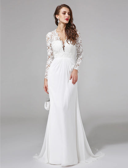 Wholesale Beach Royal Style Boho Wedding Dresses Sheath / Column Illusion Neck Long Sleeve Sweep / Brush Train Chiffon Bridal Gowns With Lace Button 2023 Summer Wedding Party