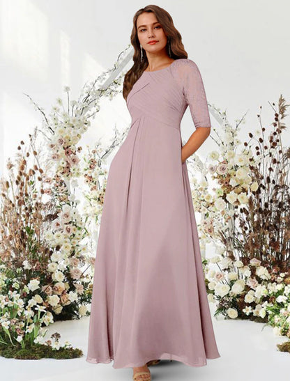 Wholesa A-Line Evening Gown Elegant Dress Wedding Guest Formal Evening Floor Length Half Sleeve Jewel Neck Chiffon with Pleats Ruched