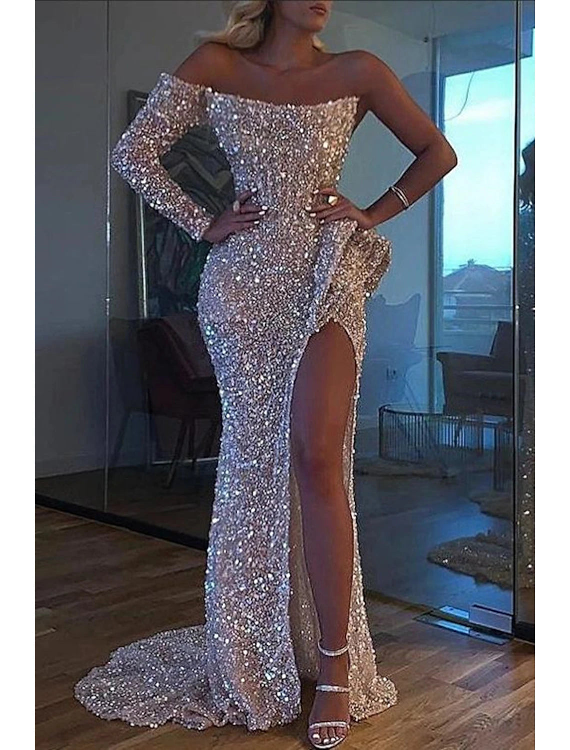 Wholesa Mermaid Dress Evening Gown Red Green Dress Formal Wedding Court Train Long Sleeve One Shoulder Sequined with Sequin Slit