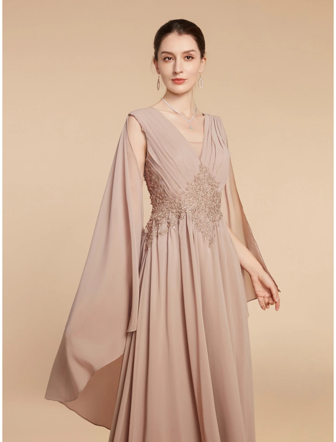 Wholesa  A-Line Mother of the Bride Dress Wedding Guest Elegant V Neck Ankle Length Chiffon Lace Sleeveless with Ruching Solid Color