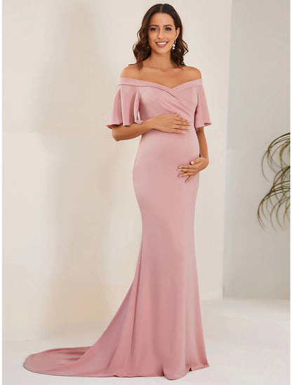 Wholesa Mermaid / Trumpet Maternity Dresses Maternity Dress Formal Wedding Party Court Train Short Sleeve Off Shoulder Stretch Fabric with Ruched Pure Color