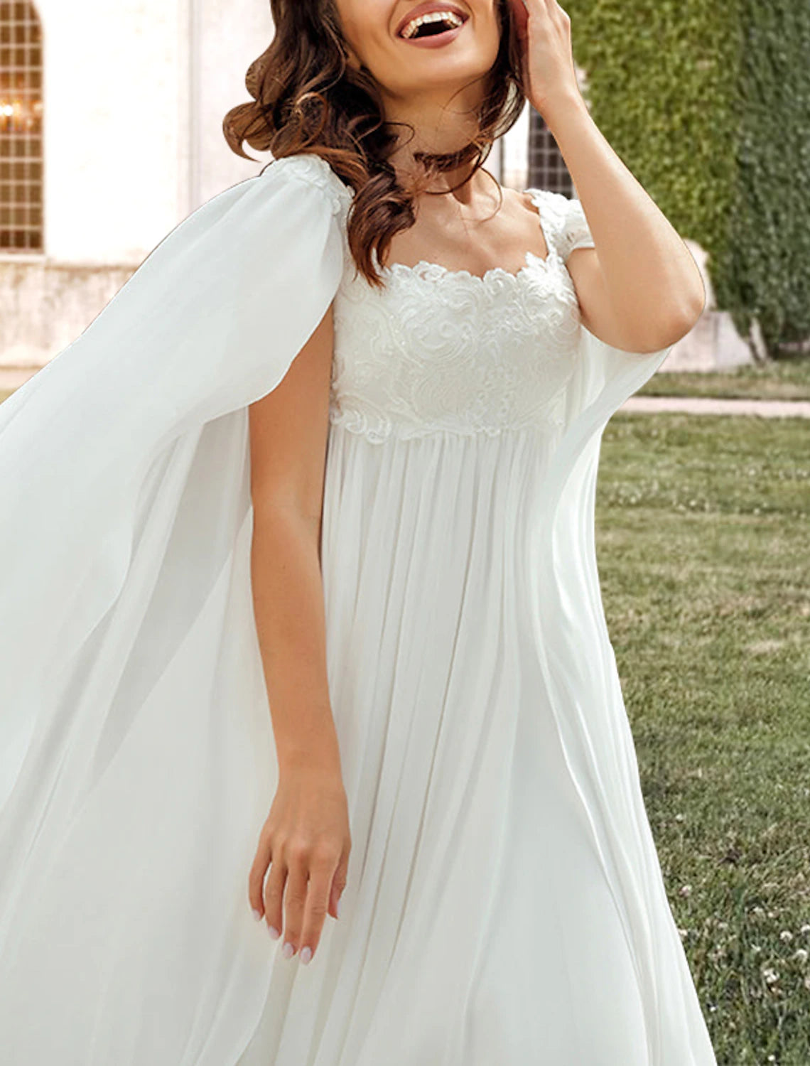 Wholesa Hall Casual Wedding Dresses A-Line Square Neck Sleeveless Sweep / Brush Train Chiffon Bridal Gowns With Pleats Appliques