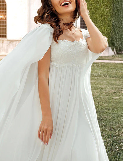 Wholesa Hall Casual Wedding Dresses A-Line Square Neck Sleeveless Sweep / Brush Train Chiffon Bridal Gowns With Pleats Appliques