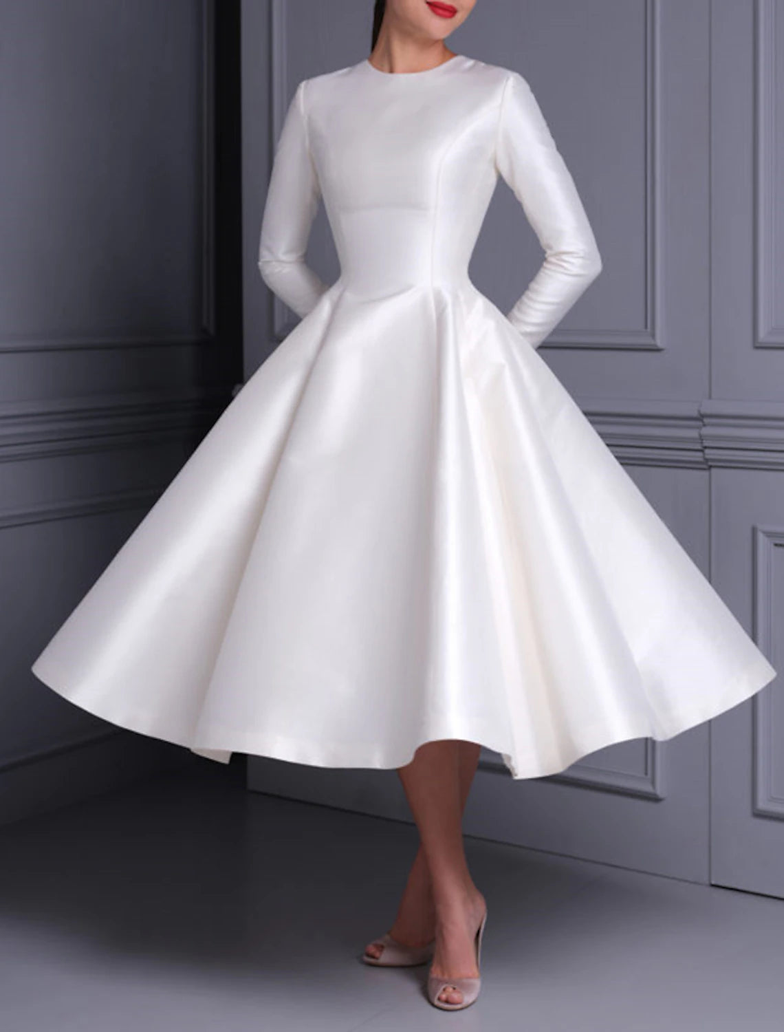 Wholesa Reception Wedding Dresses Vintage 1940s / 1950s Simple Wedding Dresses A-Line Illusion Neck Long Sleeve Ankle Length Chiffon Bridal Gowns With Appliques Summer Wedding Party