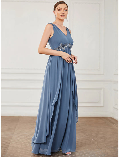 wholesale  A-Line Prom Dresses Minimalist Dress Party Wear Floor Length Sleeveless V Neck Chiffon with Appliques