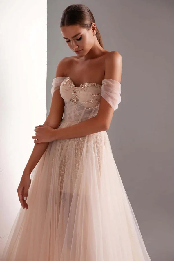 Wholesale Tulle Prom Dress A-Line Long Evening Dress Shining Beads Prom Gown