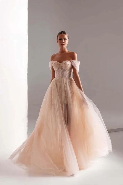 Wholesale Tulle Prom Dress A-Line Long Evening Dress Shining Beads Prom Gown