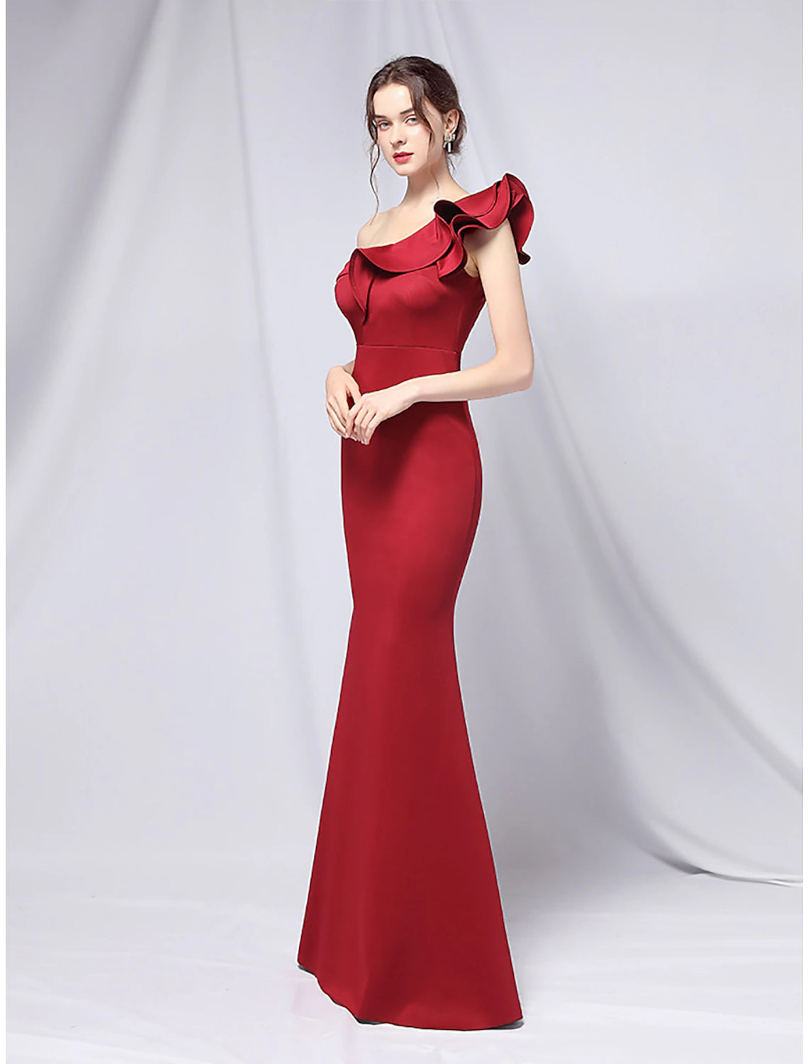 Wholesa Mermaid Party Dress Evening Gown Empire Dress Wedding Guest Formal Evening Floor Length Short Sleeve One Shoulder Stretch Satin with Ruffles