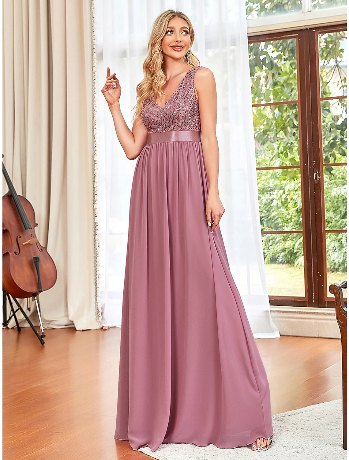 Wholesale A-Line Prom Dresses Elegant Dress Wedding Guest Floor Length Sleeveless V Neck Chiffon V Back with Draping Pure