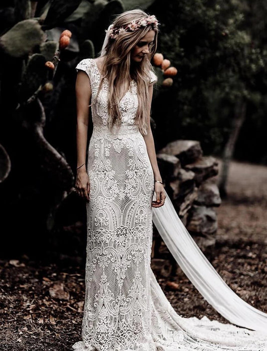 Wholesale Beach Boho Wedding Dresses Mermaid / Trumpet V Neck Cap Sleeve Court Train Lace Outdoor Bridal Gowns With Appliques Solid Color Summer Wedding Party