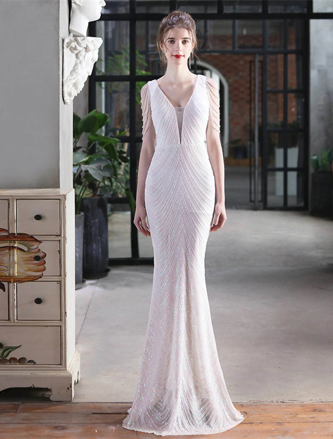 wholesale  Mermaid / Trumpet Evening Gown Sexy Dress Formal Floor Length Sleeveless V Neck Sequined with Sequin Tassel