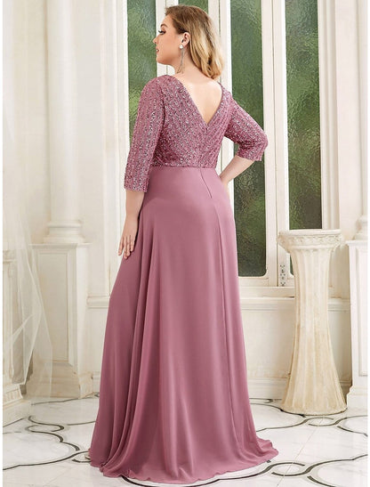 wholesale A-Line Evening Gown Plus Size Dress Wedding Guest Floor Length 3/4 Length Sleeve V Neck Chiffon V Back with Sequin