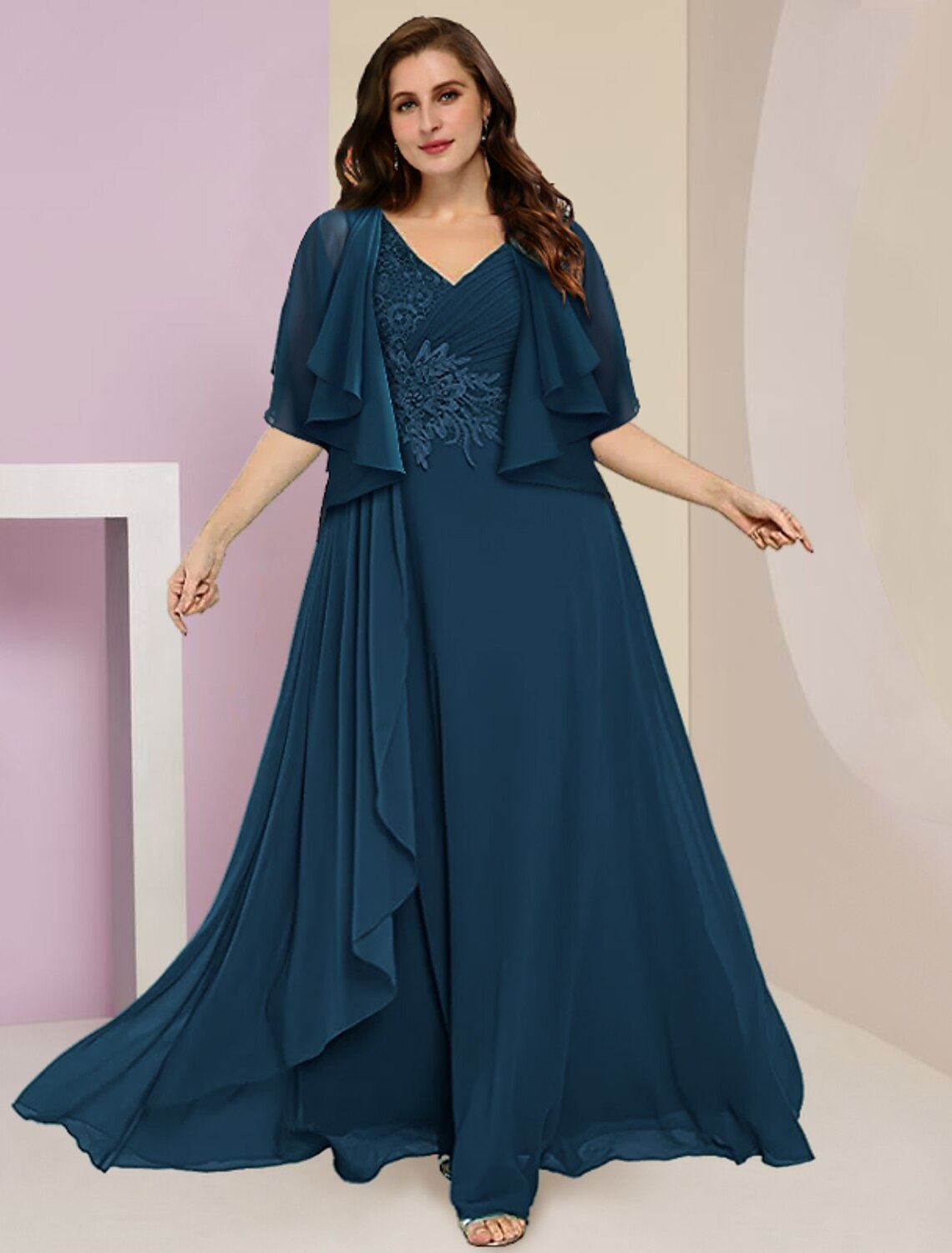 Wholesa  Two Piece A-Line Mother of the Bride Dress Formal Wedding Guest Plus Size Hide Belly Elegant V Neck Floor Length Chiffon Lace Sleeveless with Ruched Appliques