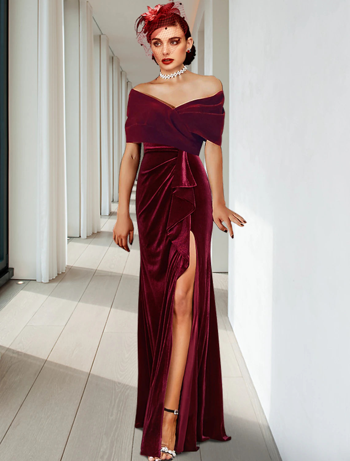 Wholesa  Sheath / Column Evening Gown Elegant Dress Wedding Guest Cocktail Party Floor Length Sleeveless V Neck Velvet with Pleats Ruffles