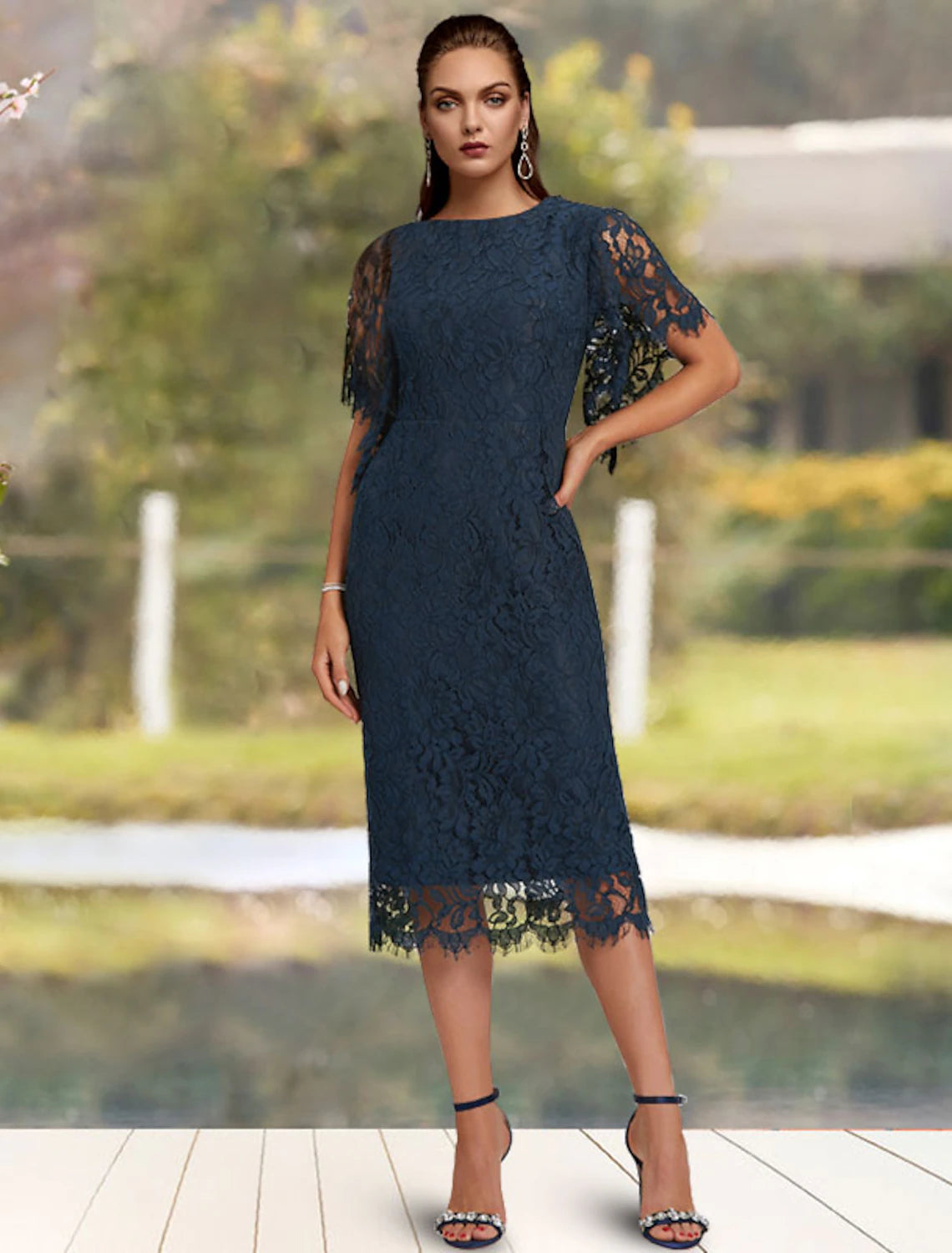 Wholesa  Sheath / Column Mother of the Bride Dress Wedding Guest Elegant Jewel Neck Tea Length Lace Short Sleeve with Solid Color