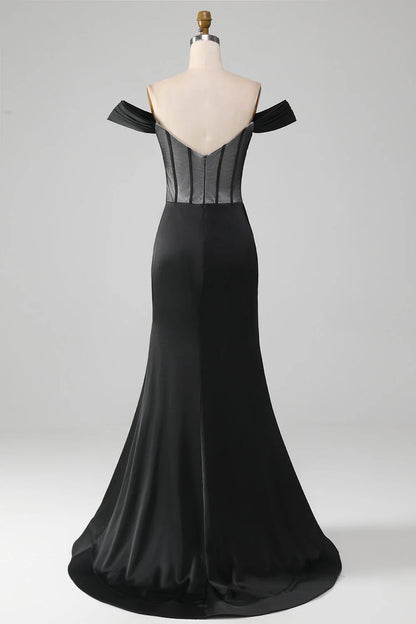 Wholesale Black Off the Shoulder Evening Dress Corset Satin Mermaid Prom Dress with Slit